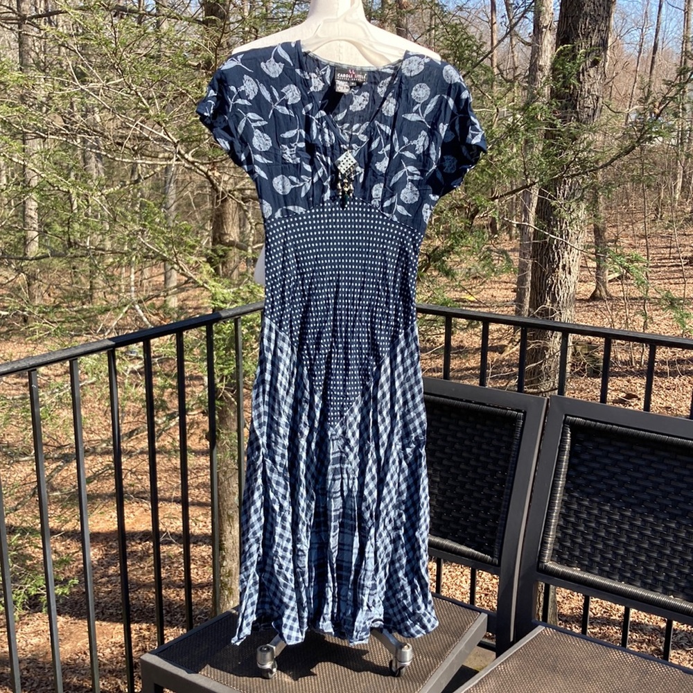 Carole Little Petite Dresses blue/white checkered/ floral pattern sz. 2